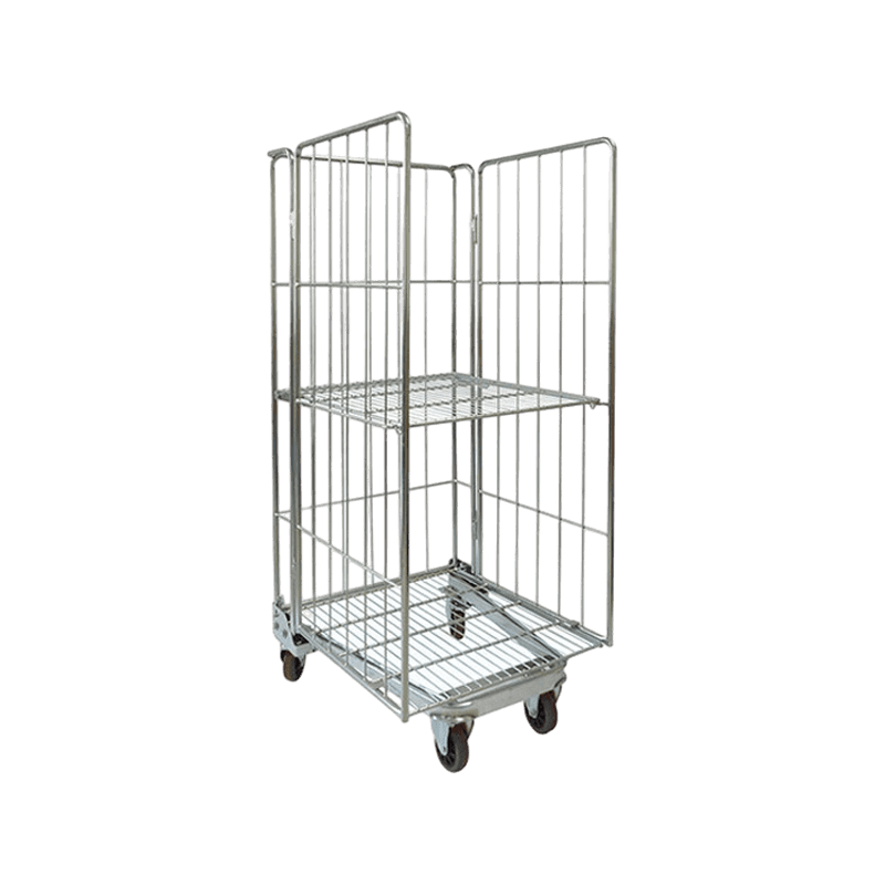 Chariot à cage à rouleaux à 3 côtés en grillage de finition en zinc de stockage d'entrepôt